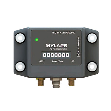 MYLAPS X2 RaceLink Club device with a green LED on a white background